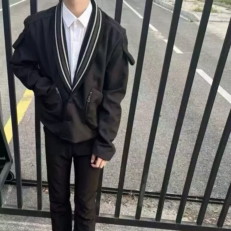 美式V领夹克外套纽扣拉链设计感vibe上衣高街男女同款黑小众西装,男装夹克,星座506A
