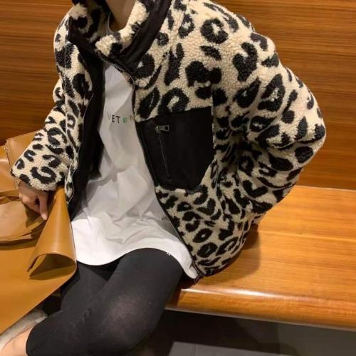 DG836潮牌豹纹立领仿羊羔毛外套,女装,L·H·X