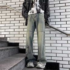 美式复古高街vibe做旧口袋工装牛仔裤男女直筒微喇CK1007-P50，男装牛仔裤，星座1109-3