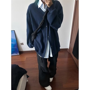 秋款男女假两件V领卫衣条纹单排扣衬衫中性风外套WY53 P58图片