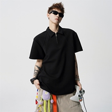 半拉链短袖polo衫男生夏季纯色简约落肩袖宽松T恤复古半袖上衣服，男装T恤，电商A073