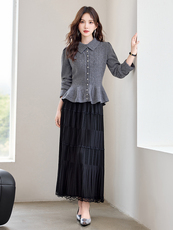 现货！秋季新款韩版时尚POLO领荷叶边上衣+百褶蕾丝裙两件套裙女，女装套装/套裙，宝儿家