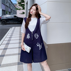 设计感复古刺绣背带短裤套装女2025夏季新款小个子T恤休闲连体裤，女装套装/套裙，2C176