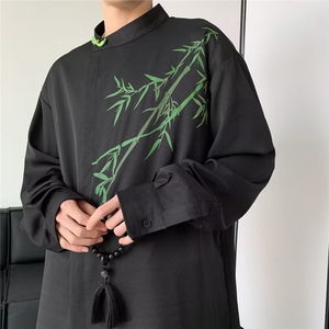 2026年风复古油画翠竹印花绸缎长袖衬衫男女同款潮CS4536-p38图片