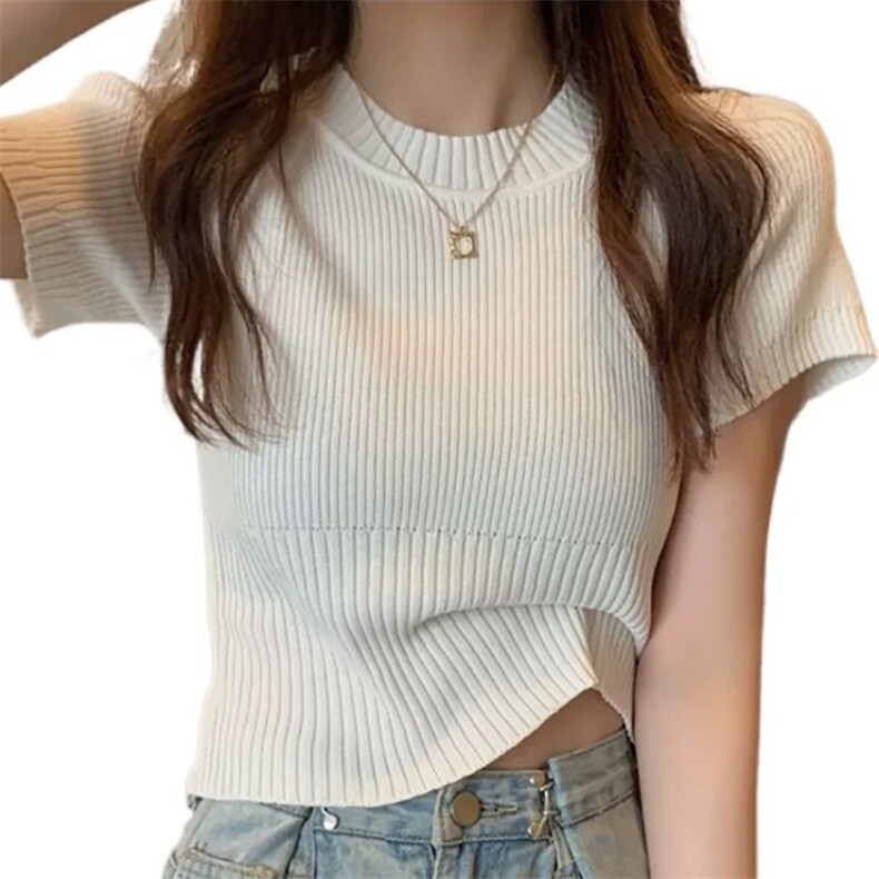 韩版夏季短款独特超好看纯色纯棉针织衫短袖T恤小上衣打底女,女装T恤,朝辰羊绒