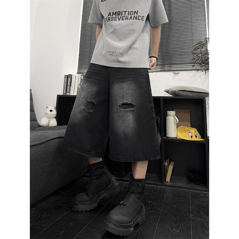 B221美式ins高街宽松直筒破洞七分牛仔裤短裤LK25532-特P40控68,男装牛仔裤,电商B221