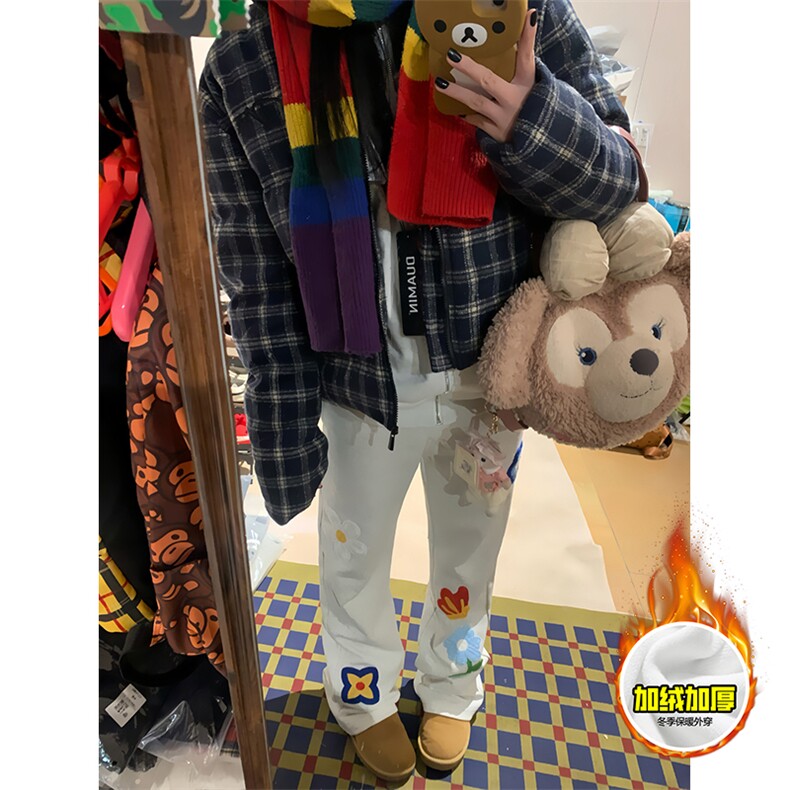 抖音得物高品质秋冬季重磅花卉刺绣潮流运动宽松加绒直筒休闲卫裤,男装休闲裤,电商A486-1