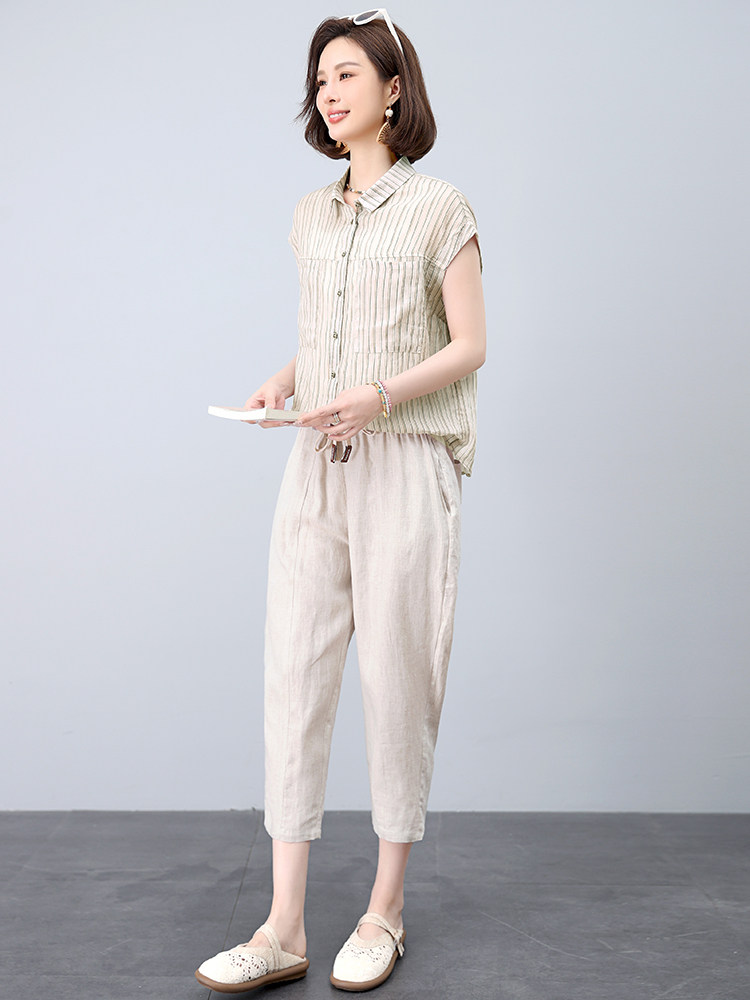 时尚套装女2025年新款夏装搭配一整套洋气减龄妈妈棉麻裤子两件套,女装套装/套裙,江忆布依