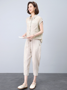 时尚套装女2025年新款夏装搭配一整套洋气减龄妈妈棉麻裤子两件套图片