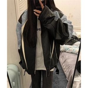 春秋拼色皮衣外套男立领美式复古休闲机车设计感夹克 JK10图片