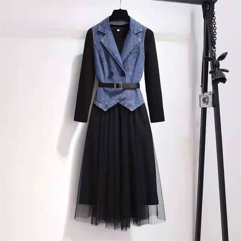 【现货】秋装新款两件套连衣裙牛仔马甲?纱裙，女装连衣裙，萱萱家