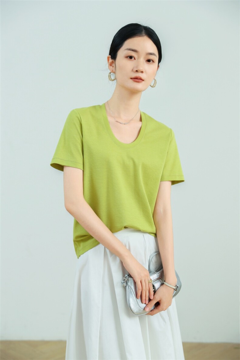 2025新款正肩撞色纯棉短袖t恤女时尚百搭洋气灰色圆领上衣夏季潮,女装T恤,朵沐纯羊绒