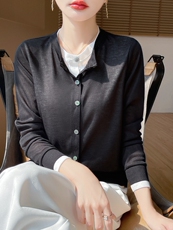 圆领假两件开衫新薄款宽松上衣开衫女，女装针织衫/毛衣，绒宛羊绒