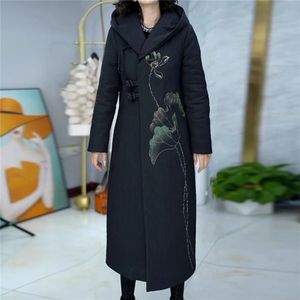 印花羽绒棉服女中长款修身刺绣盘扣高端气质棉衣棉袄外套冬图片