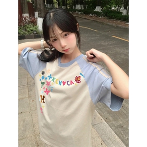 抖音得物品质二开240克宽松纯棉美式潮牌插肩三杠织带短袖T恤图片
