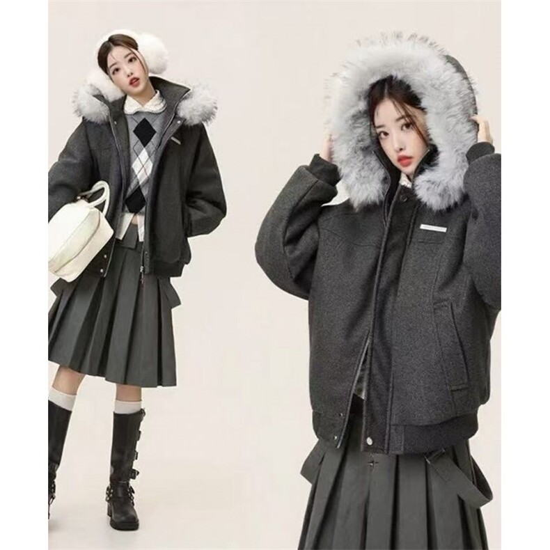 美式复古短款毛领连帽棉服夹棉加厚保暖毛呢情侣棉衣外套NL01P115,男装棉衣,电商D256-1(原A064-1)