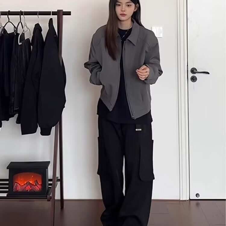 春秋款美式翻领夹克短款垫肩外套休闲宽松痞帅高级感情侣款,男装夹克,星座506A
