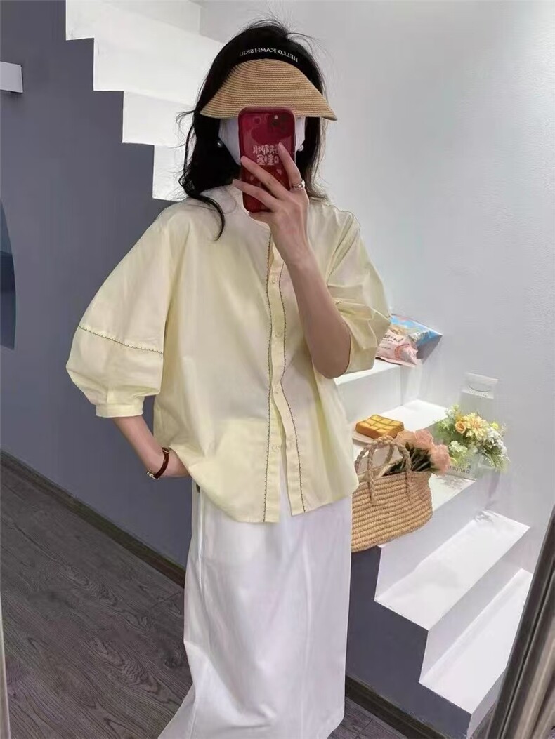 韩系简单纯色灯笼半袖明线衬衣,女装衬衫,雪兔电商全品类