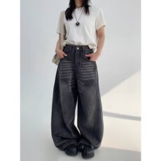 小众设计牛仔直筒阔腿裤女宽松复古做旧微弯刀漆点长裤N6097，男装休闲裤，星座1116A（原606A-3）