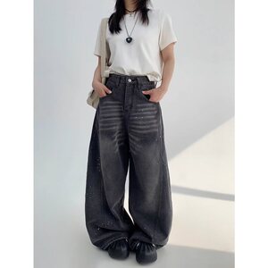 小众设计牛仔直筒阔腿裤女宽松复古做旧微弯刀漆点长裤 N6097图片
