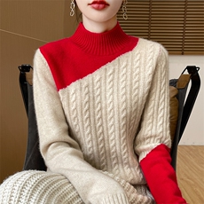 时尚拼色半高领女士羊毛衫显瘦保暖针织毛衣，女装羊毛衫，邓利维