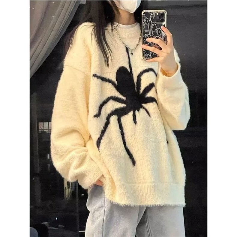 884-P572025美式街头蜘蛛提花圆领毛衣男女秋冬慵懒时尚情侣,男装针织衫/毛衣,电商B323A
