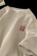 华夫格短袖t恤男士夏季好运加满刺绣半袖体恤港风潮牌宽松五分袖，男装T恤，星座416B-1