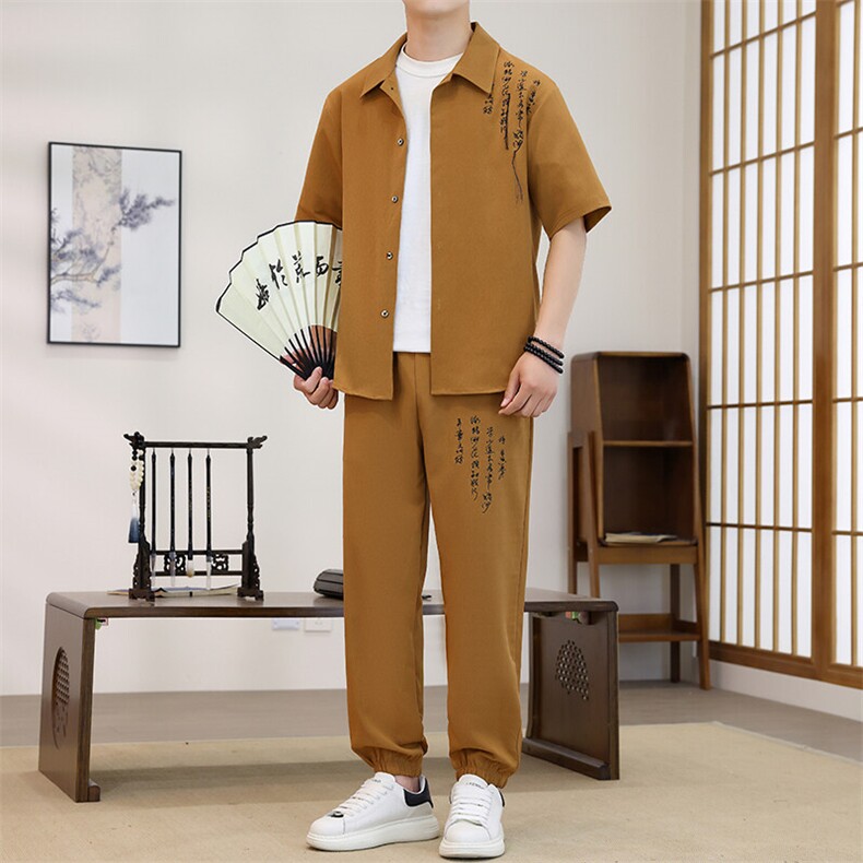 TZ07-P65新中式风夏季男士新款短袖套装潮衬衫长裤两件套,男装T恤,星座507A（原星座306B-2）