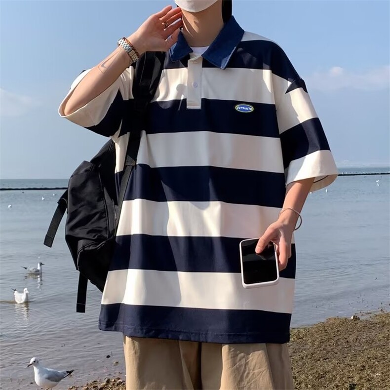 日系少年感Polo衫男生夏季薄款2025新款条纹潮牌宽松翻领短袖t恤,男装Polo衫,星座1116-2
