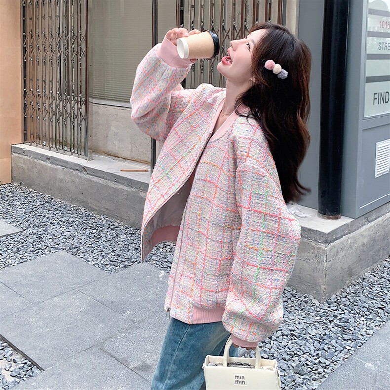 名媛小香风棒球服外套女春秋超火好看独特漂亮高级粉色短夹克上衣,女装毛呢外套,2C056