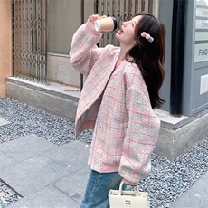 名媛小香风棒球服外套女春秋超火好看独特漂亮高级粉色短夹克上衣，女装毛呢外套，2C056
