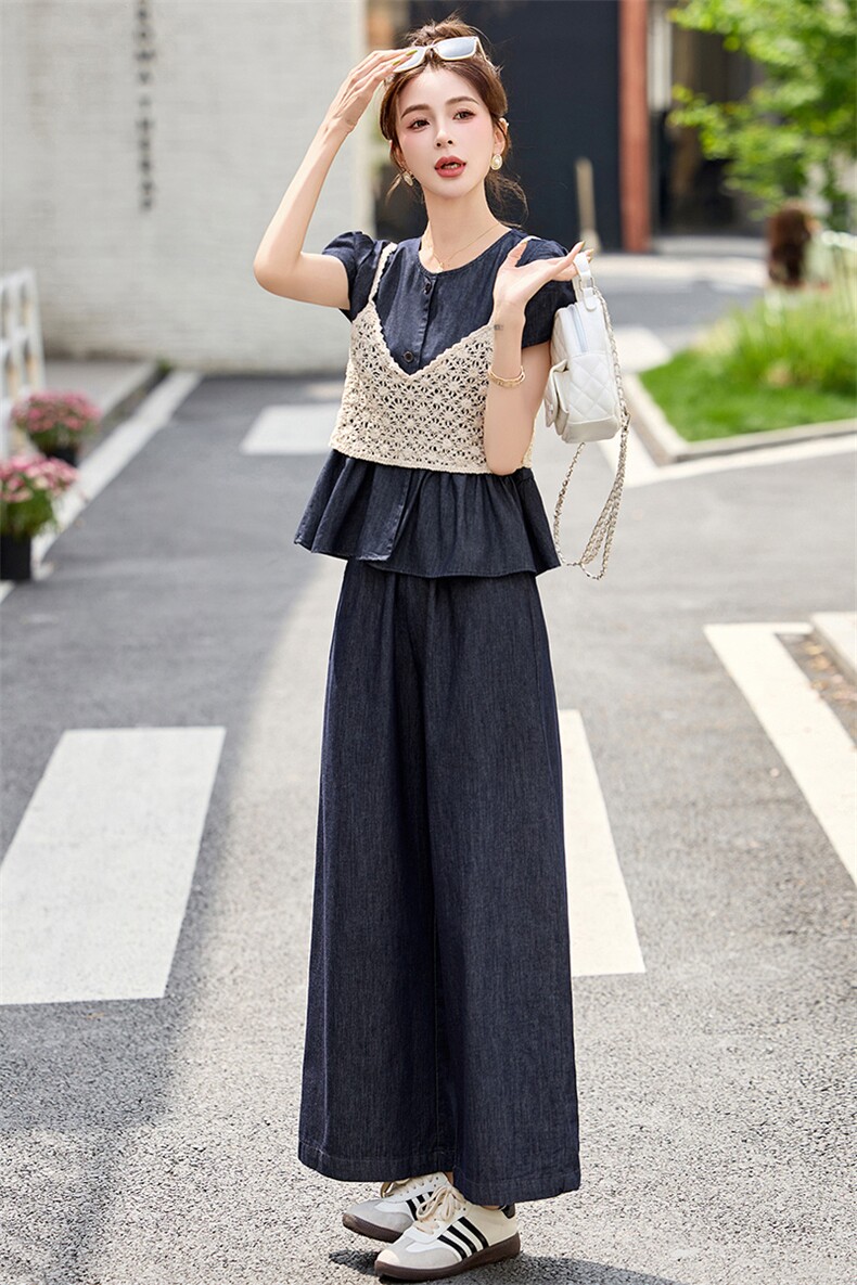 2025夏季水洗牛仔色休闲潮三件套裙减龄今年流行的女装套装,女装套装/套裙,众宇琦
