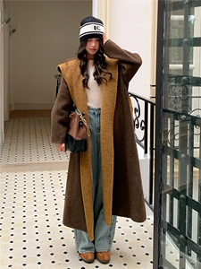 撞色连帽双面呢羊毛大衣女冬长款毛呢外套图片