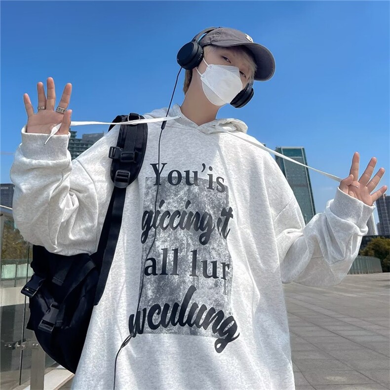 2023春秋情侣连帽印花上衣男hiphop嘻哈炸街套头衫卫衣 W5977-P31图片
