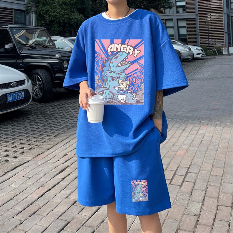 青少年跑步运动套装男款夏季美式高街华夫格ti恤短袖短裤搭配一套,男装T恤,电商B220