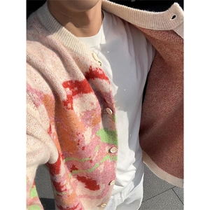 网图 陈伟霆同款费尔岛涂鸦彩色针织开衫毛衣外套男女 A1157-P100图片
