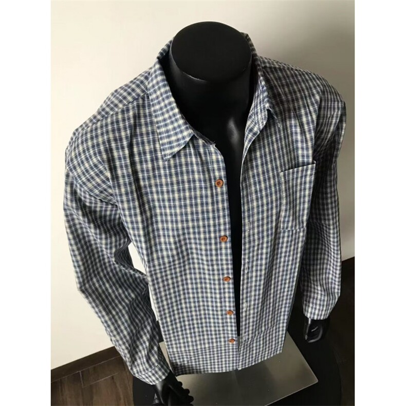 蓝色格子衬衫男长袖春秋美式复古情侣格纹衬衣外套CSA37-P38，男装衬衫，星座208-5