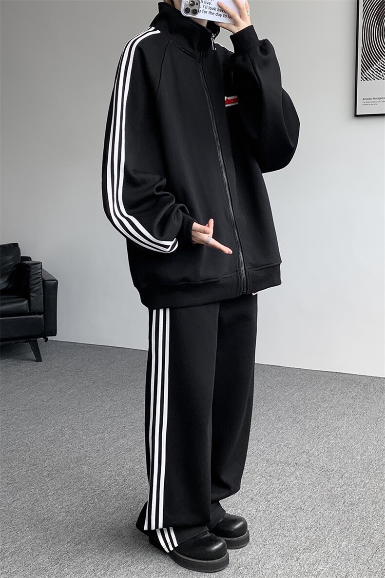 8XL-M条纹撞色开衫新年红卫衣运动套装潮牌运动服校园风TZ114P118,男装休闲套装,电商D206-1
