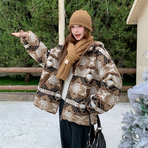 咖色印花羊羔毛连帽羽绒棉服女冬超火好看高级感加厚棉衣棉袄外套图片