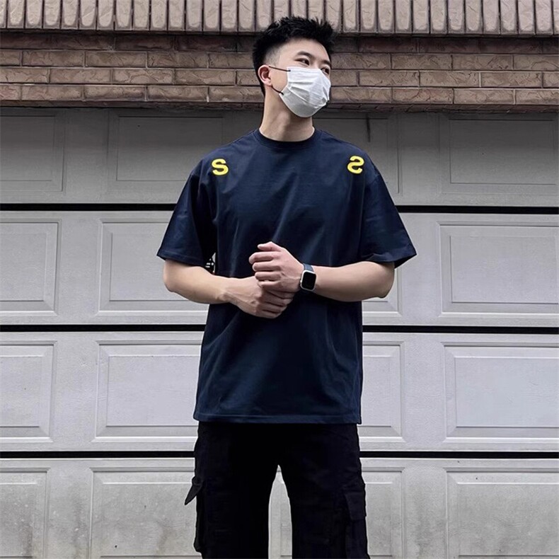 万针全刺绣工艺抖音得物高品质260克重磅纯棉双纱美式高街短袖T恤,男装T恤,电商A486
