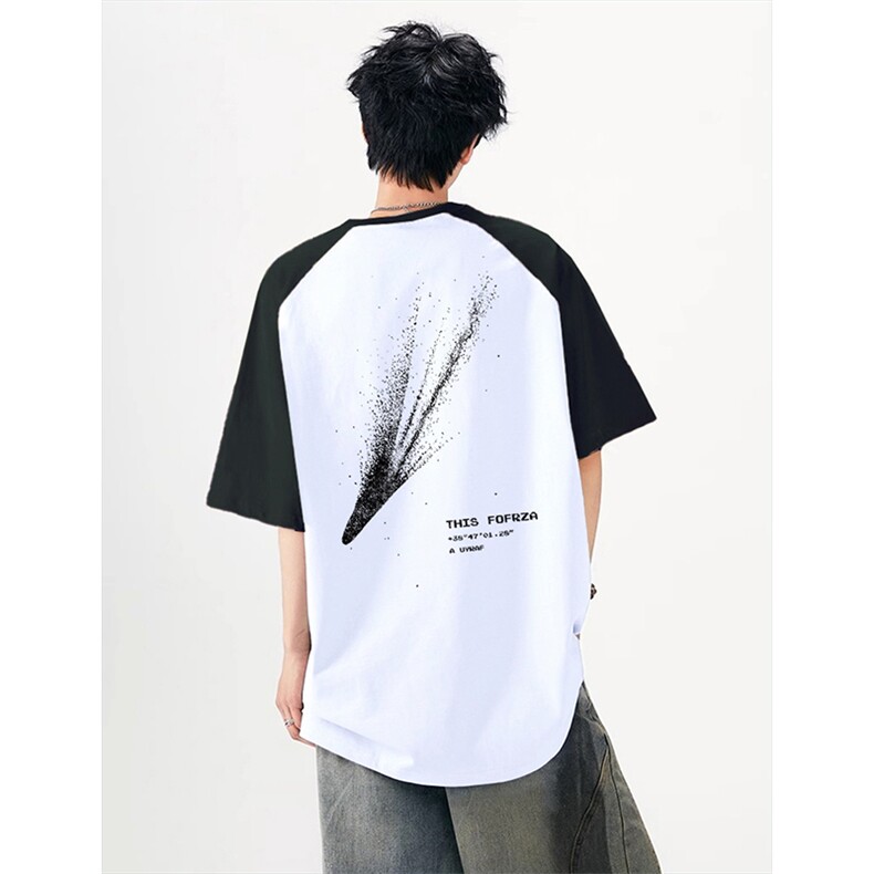 抖音得物高品质二开240克宽松纯棉美式潮牌插肩袖拼接短袖T恤,男装T恤,电商A486