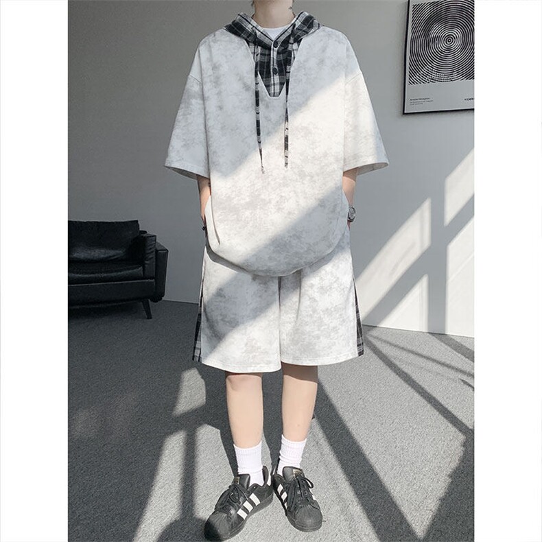 TZ788-特P58控98夏连帽格子撞色扎染冰感冰丝大码短袖短裤套装，男装休闲套装，电商A059