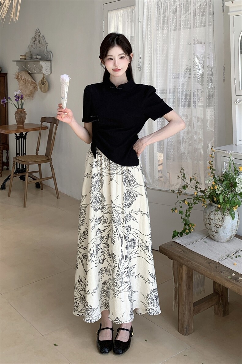 新中式国风不规则T恤印花半身裙套装女夏甜美显瘦两件套漂亮绝美,女装套装/套裙,2C271