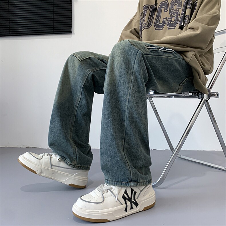 复古水洗做旧牛仔裤男口袋拉链宽松直筒牛仔裤N2346-P48,男装牛仔裤,星座1001-1