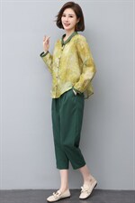 时尚棉麻套装女2022秋装新款韩版印花衬衫休闲裤两件套潮，女装大码女装，奕阳依阁