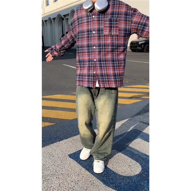 格子衬衫流苏下摆设计小众百搭美式外搭A061-AC00378-P60,男装衬衫,电商A061