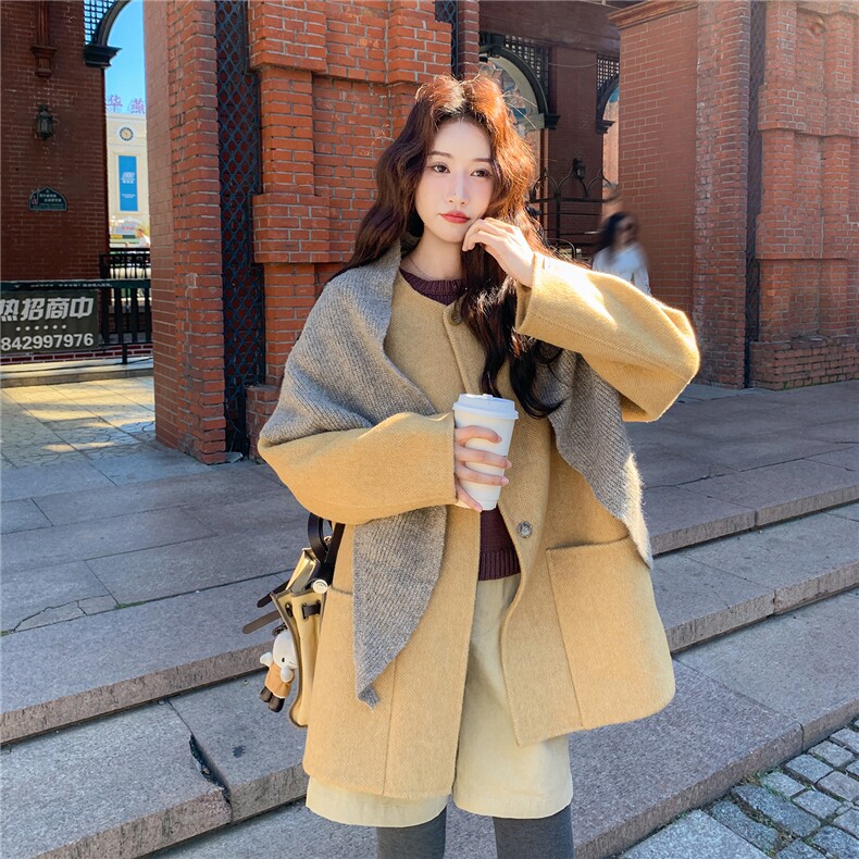 韩系休闲高级感双面呢大衣女冬季设计感针织披肩毛呢外套，女装毛呢外套，昱儿e优优