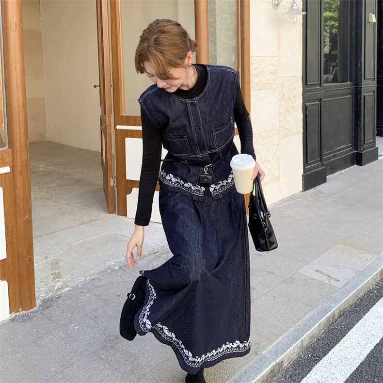 时尚气质牛仔马甲高腰半身裙两件套女2025秋季新款韩版高级感套装,女装套装/套裙,2C028