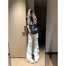 美式复古白色多口袋绑带微喇牛仔裤女辣妹设计感修身显瘦马蹄长裤，男装牛仔裤，星座1210-1
