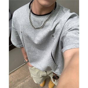 曼巴棉拼接撞色破缝解构铆钉设计感夏季短袖T恤男D424 特P30图片